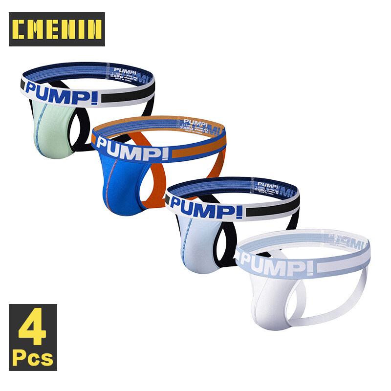 PUMP 4Pcs Patchwork Cotton Sexy Men Underwear Thong Mens Jockstrap Popular Thongs Jockstrap Men And G strings Lingeries CMENIN Soft Splice Innerwear H96