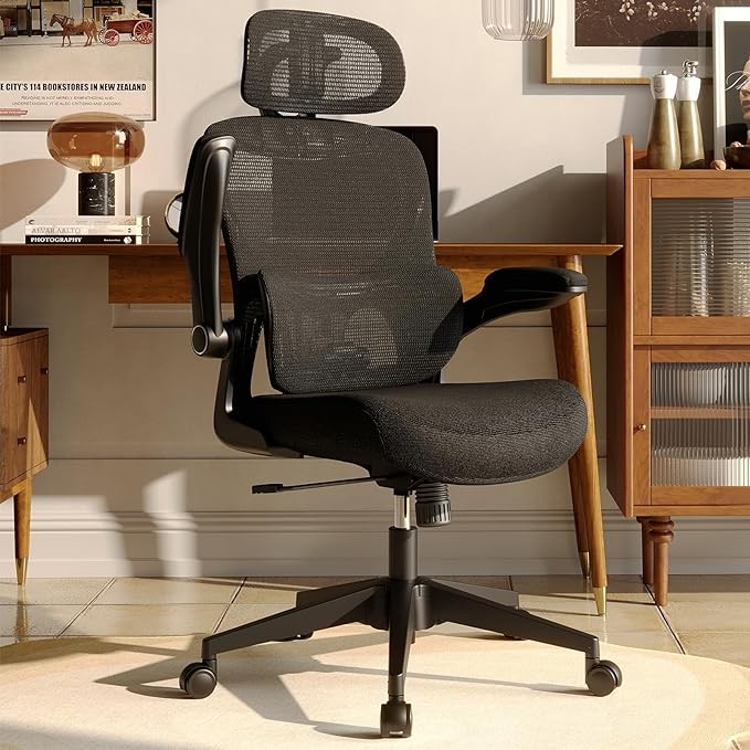 Ergonomic Mesh Office Chair, High Back Desk Chair with Adjustable Lumbar Support, Flip-Up Armrests, Headrest, Swivel Rolling Wheel, Comfy Computer Gaming Task Chairs for Adults Students (Black)
